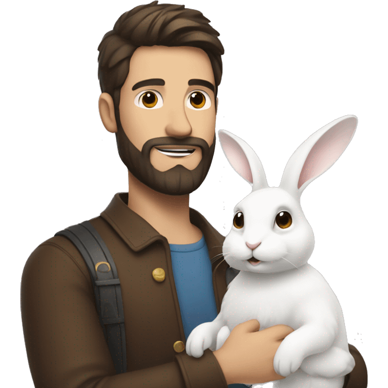 Brunette guy with a beard holds a white rabbit  emoji