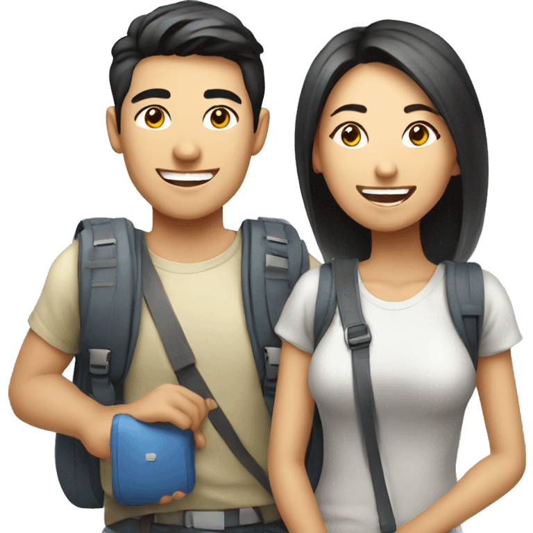 Attractive young  Asian couple traveling having fun emoji