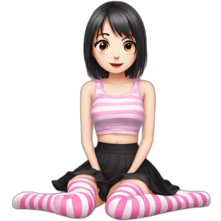 full body Front view emo girl sits on the floor black skirt pink knickers striped stockings emoji