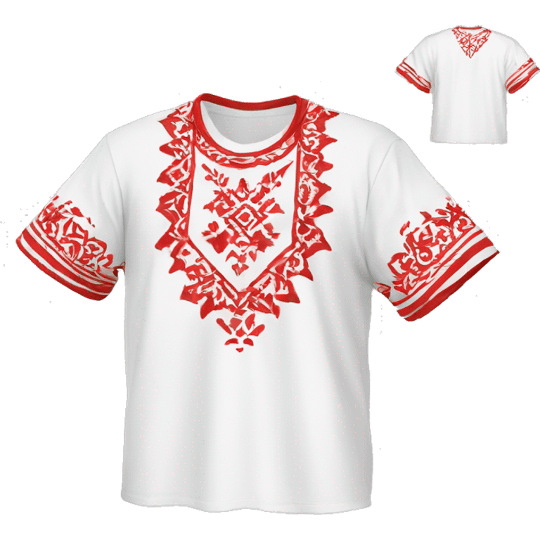 White vyshyvanka t-shirt with red embodiary emoji