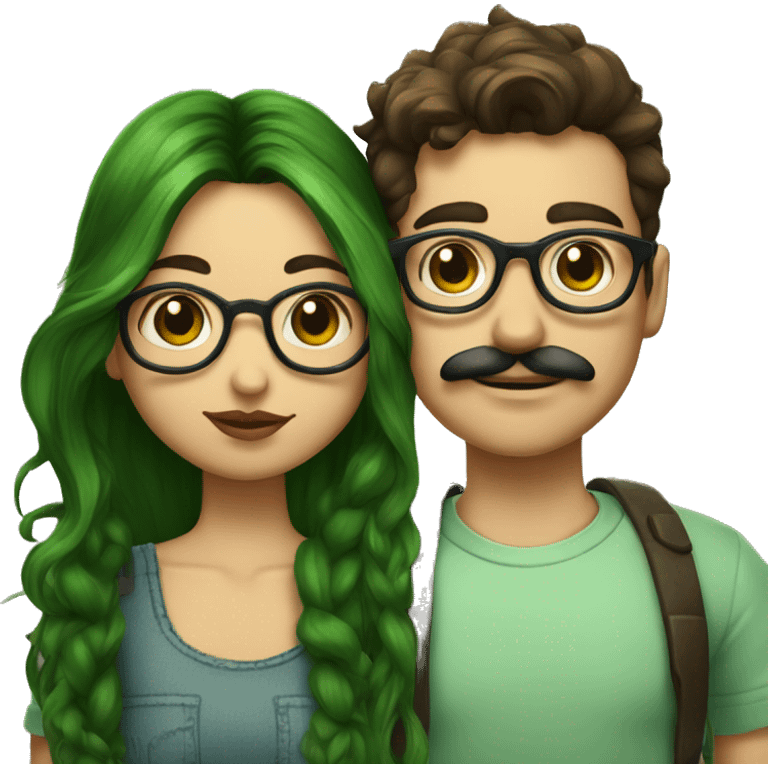 A heavy set boy with brown hair and a mustache is kissing a green haired girl who is thin and wearing glasses both have tattoos emoji