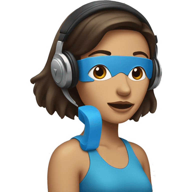 brunette woman with headphones. left eye brown and right eye blue emoji