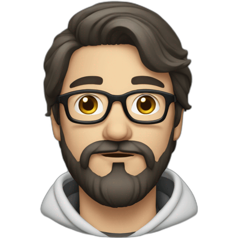 White man dark straight hair moustache and beard, wearing a hoodie, glasses emoji