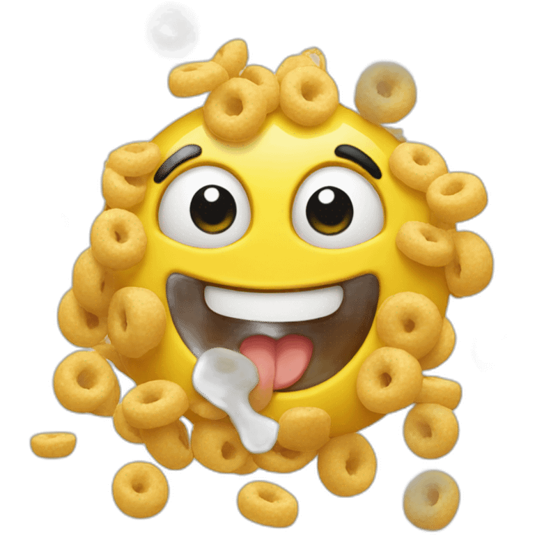 Silly yellow emoji happily eating cereal emoji