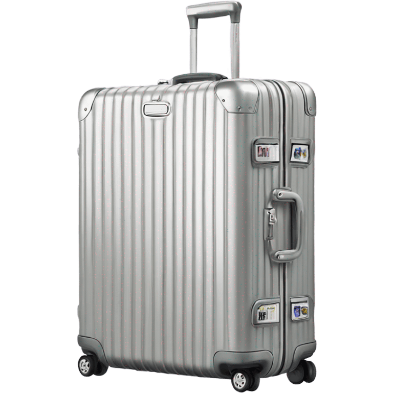 Rimowa silver suitcase with stickers on it emoji