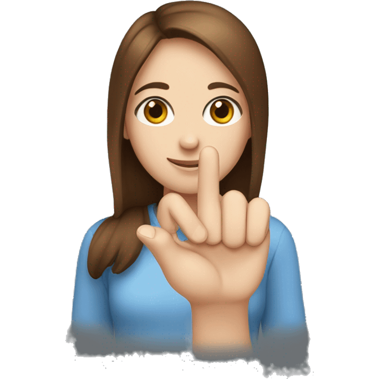 Girl with brown hair, blue eyes holding up her third finger emoji