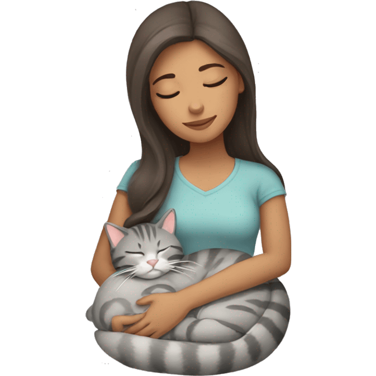 Brunette girl sleeping with gray tabby cat emoji