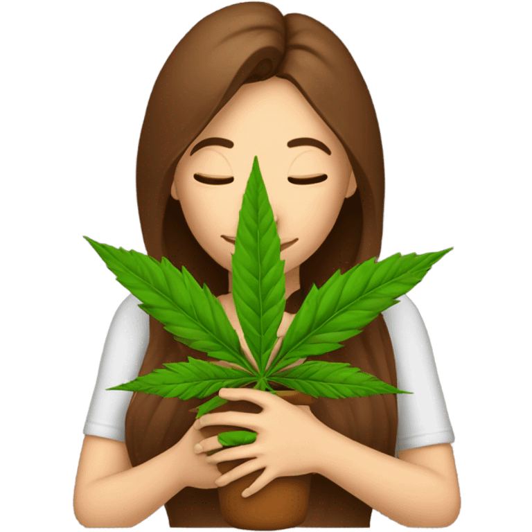 Woman with brown hair hugging marijuana plant emoji