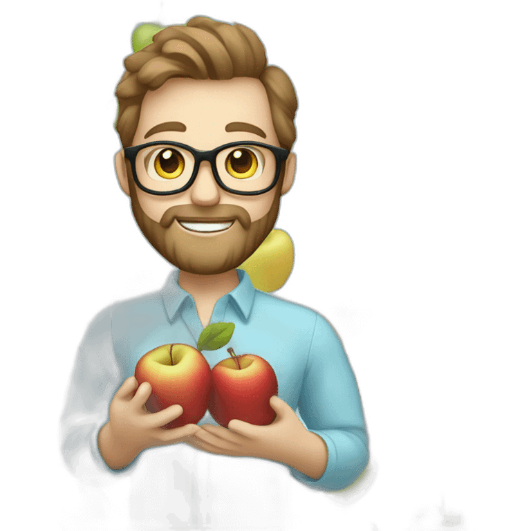 A male nutritionist with a full beard and dark blonde hair and white skin and glasses holding an apple in his hand. Who has a light blue shirt on. emoji