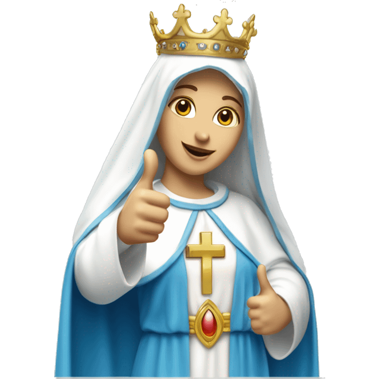 blessed virgin mary with one hand thumb up, with white skin, with blue veil and white clothes, with crown, with halo emoji