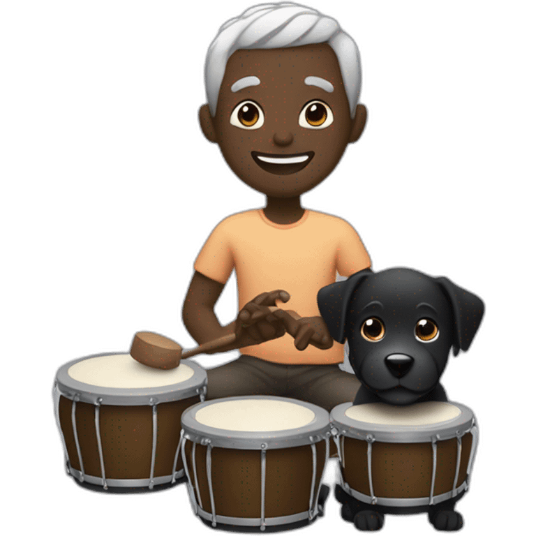 Dark skin guy with slightly receiding grey hair. Smiling playing bongos. With a black dog with brown spots, next to him  emoji