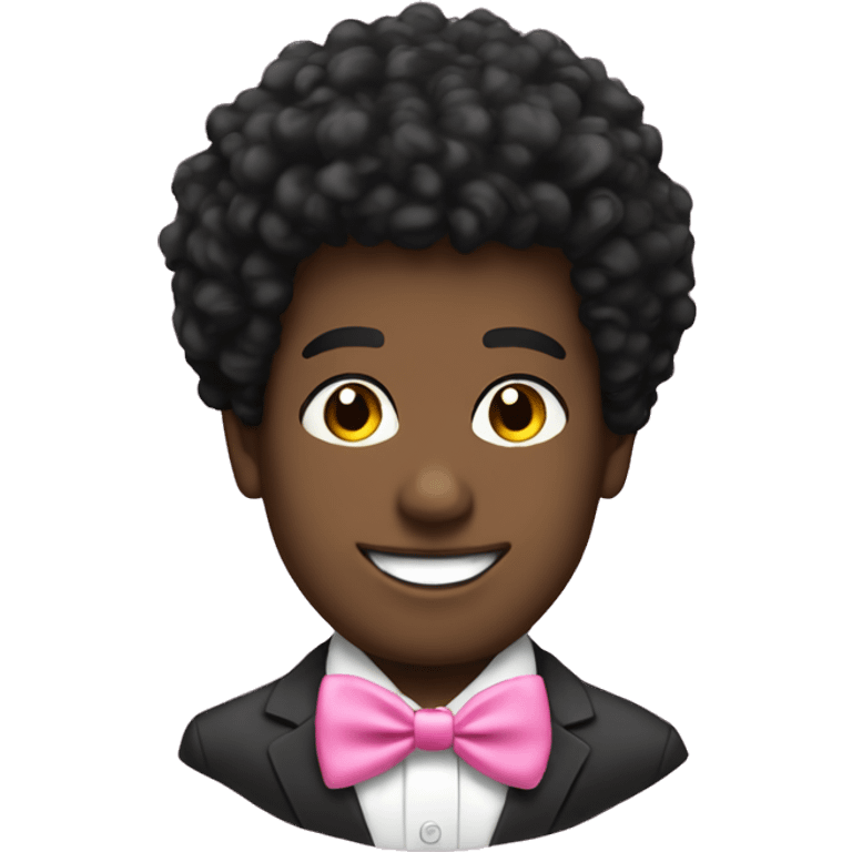 A black twink with an afro mullet in a suit, smile face, a pink bow tie emoji