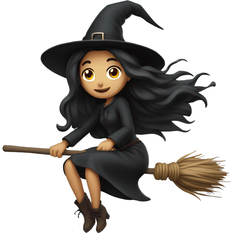 dark long hair witch flying on a broom white skin emoji