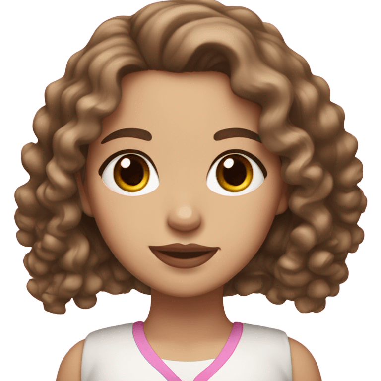 White girl with brown eyes and curly brown hair down to her shoulders with pink lips emoji