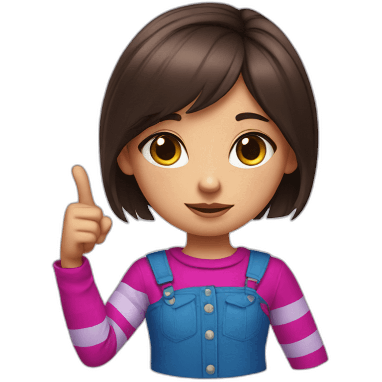 little girl with dark brown short hair wears striped blue and magenta shirt giving a thumbs down emoji