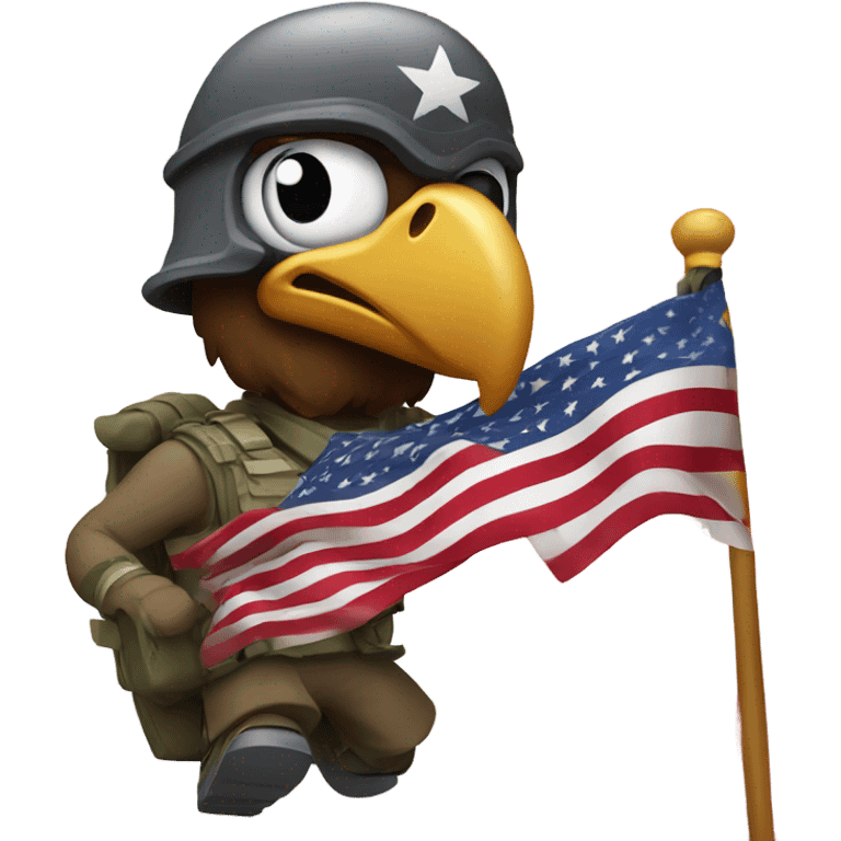 Eagle with a mustache and a army helmet running with a American flag  emoji