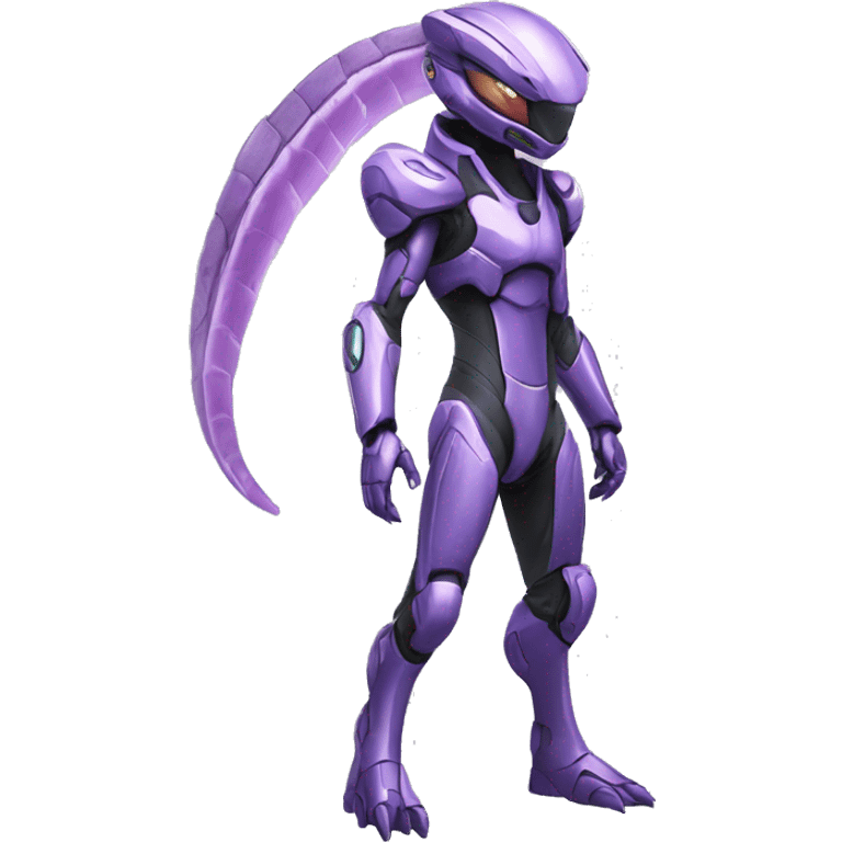 A Reptile-Raptor-Genesect-Mewtwo-Fakémon, with a futuristic visor-helmet, wearing a techwear-suit Full Body emoji