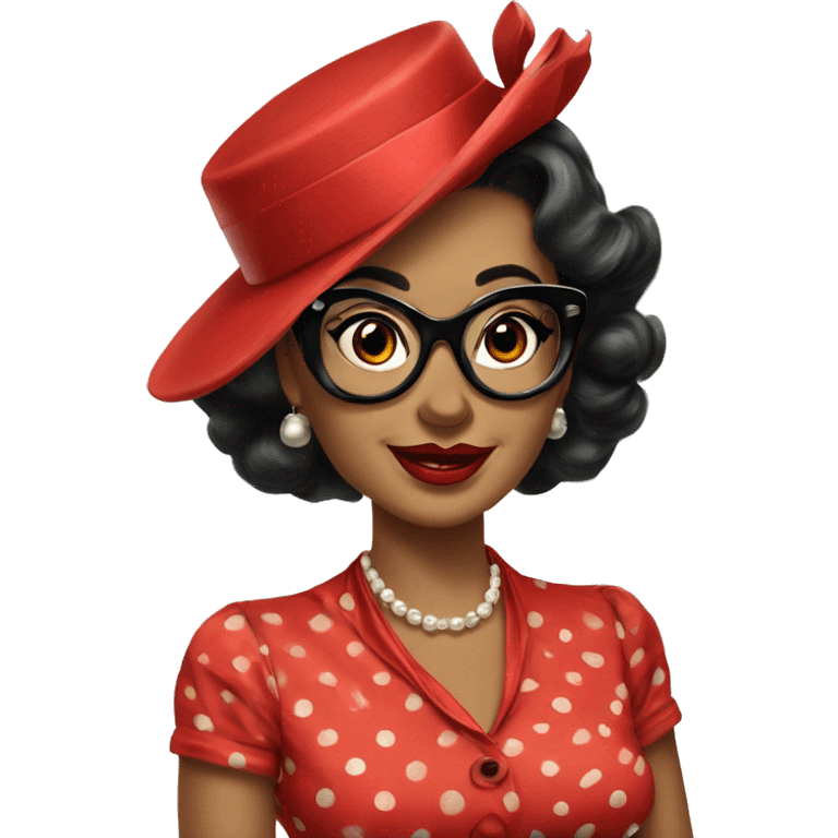 Vintage woman who wears classic pinup red dresses  with black polka dots and big cat eye glasses  emoji