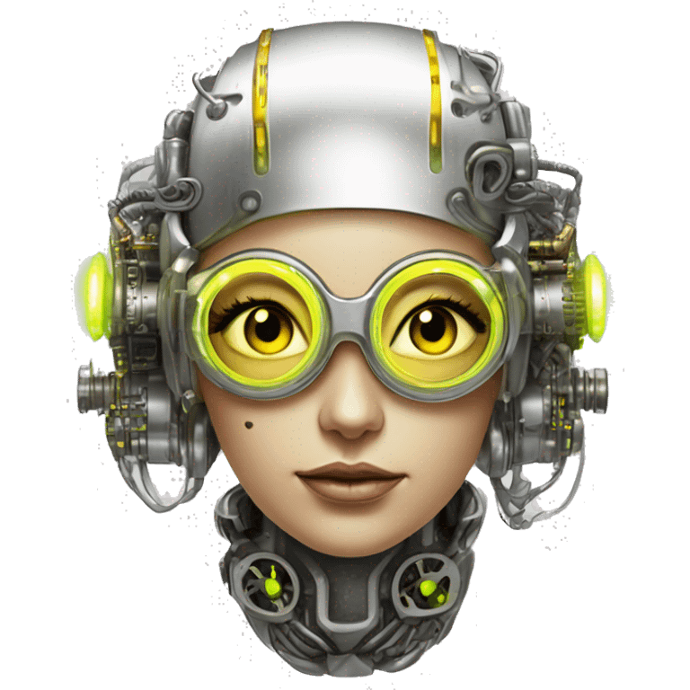 Caucasian female cyborg head with Neon yellow bobbed hair, silver steampunk goggles and circuits emoji