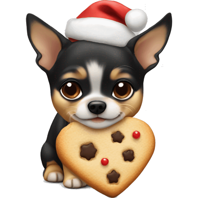 black & tan chihuahua puppy holding a christmas cookie emoji