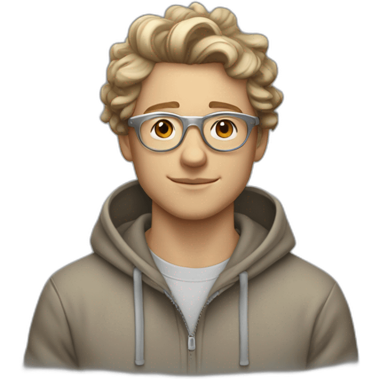 young white guy with wavy hair and a fade in light brown color and round silver color glasses with a grey hoodie on emoji