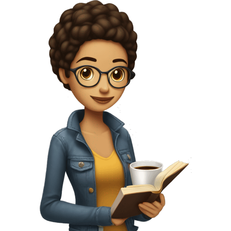 Chica morena pelo largo con un libro y un café  emoji