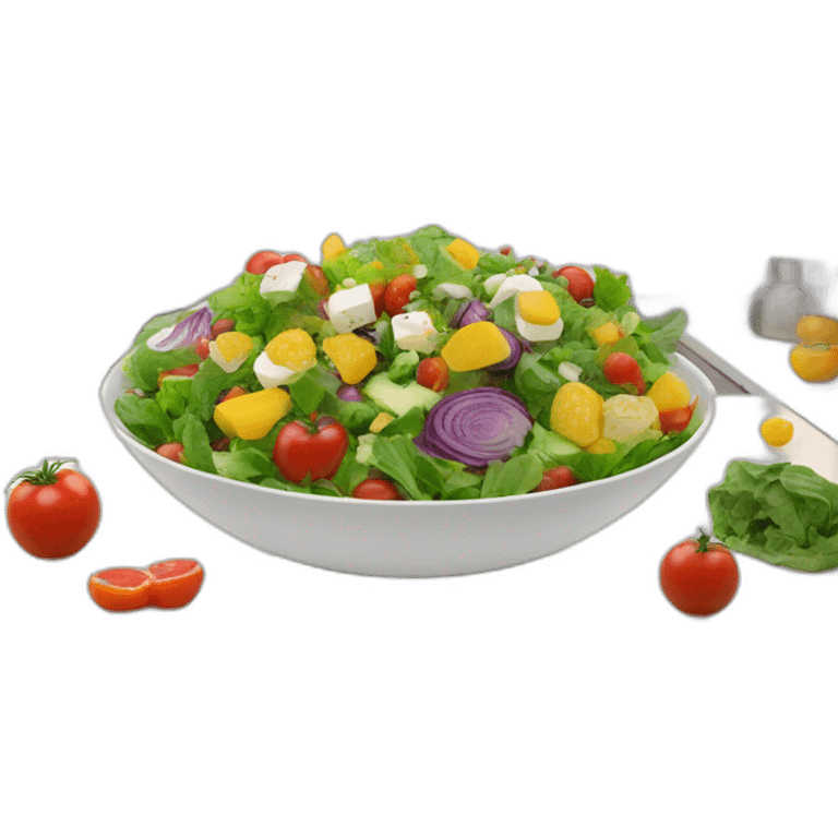 Transform into an animated, colorful salad with a variety of glowing, levitating ingredients in a modern kitchen setting. emoji