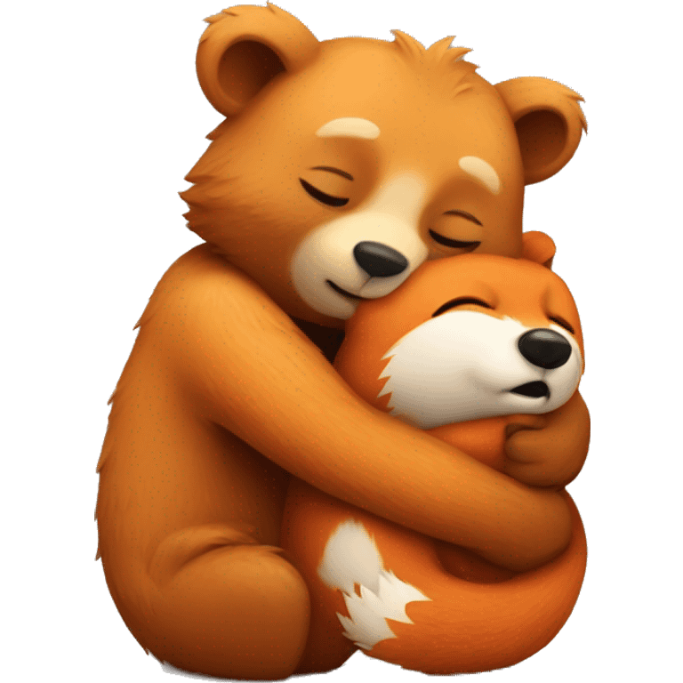 Bear hugs a fox emoji