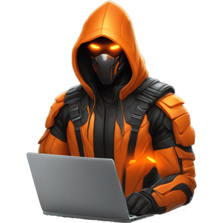  developer behind his laptop with this style : crysis Cyberpunk Valorant orange glowing bright orange character orange black hooded assassin themed character emoji