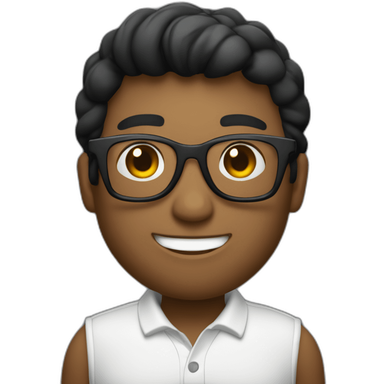 un chico con pelo negro con lentes negros y sonriendo que lleve un polo blanco y una chauqeta de color negro  emoji