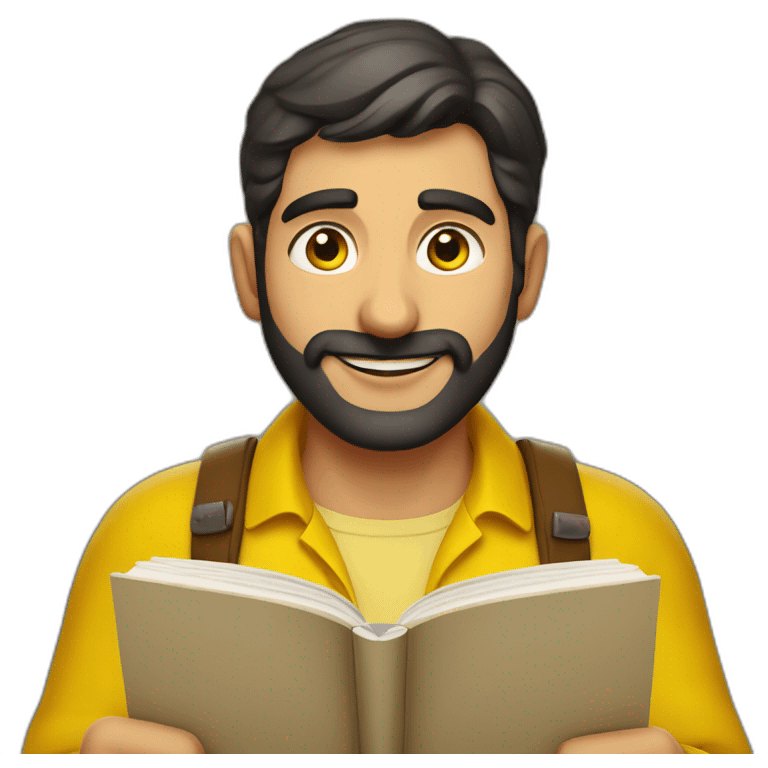 Armenian men with the yellow clothes reading book and looking at camera and smiling  emoji