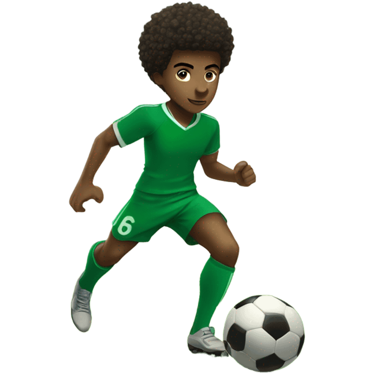 Muscular Afro teenage boy  in green soccer uniform number 5  kicking a soccer ball emoji