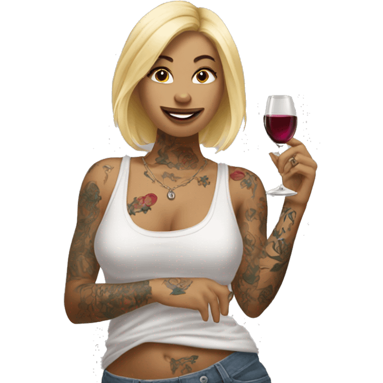 Blonde women in, her body covered with tattoos, wine in her one hand and pointing you with other hand emoji