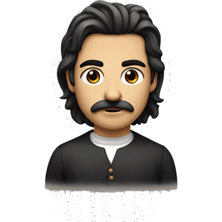 He had dark, side-parted hair, a distinctive small rectangular mustache, deep-set intense eyes, prominent eyebrows, a straight nose, a strong jawline, light complexion, and was often depicted with a stern expression. emoji