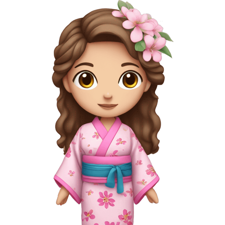 cute girl with brown hair and blue eyes in pink flower kimono emoji