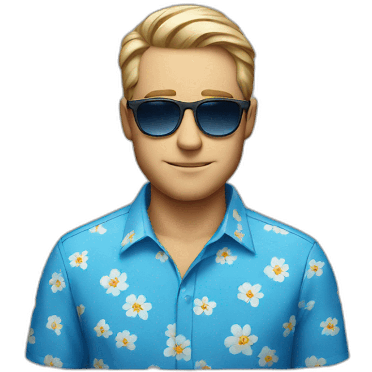 White Man with blue flower shirt an sunglasses lookin away, no beard emoji