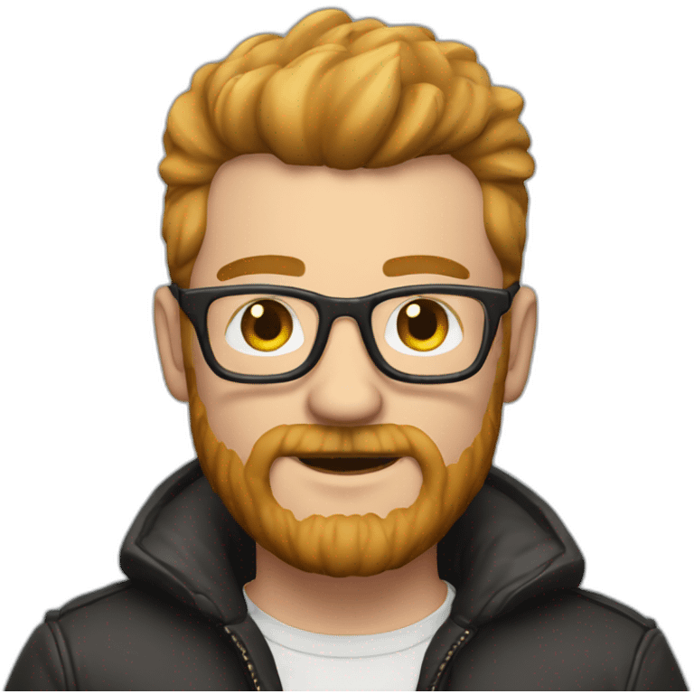 white man with brown beard and pink mohawk haircut and thick glasses wearing a leather coat emoji