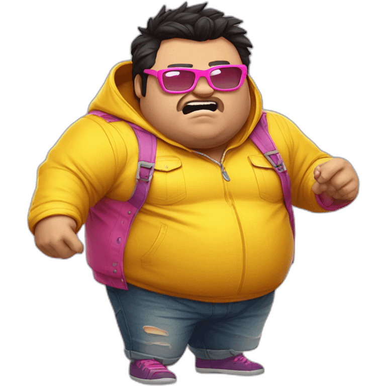 fat man with dark hair,a vibrant long yellow jacket, pink glasses, short jeans shorts. Show full lenght peson, person fighting a monster as superhero emoji