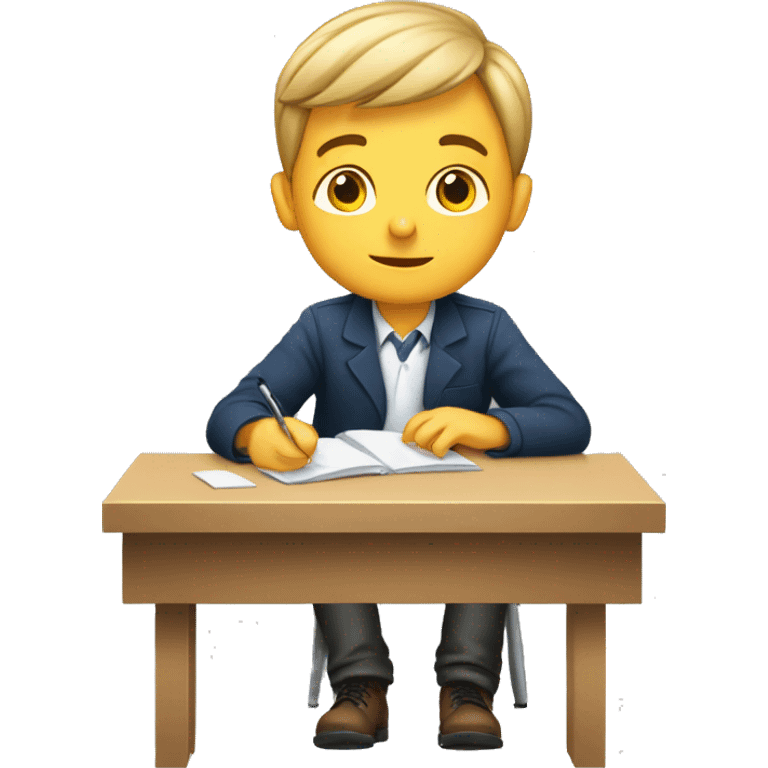 European schoolboy sitting at desk, working at computer emoji