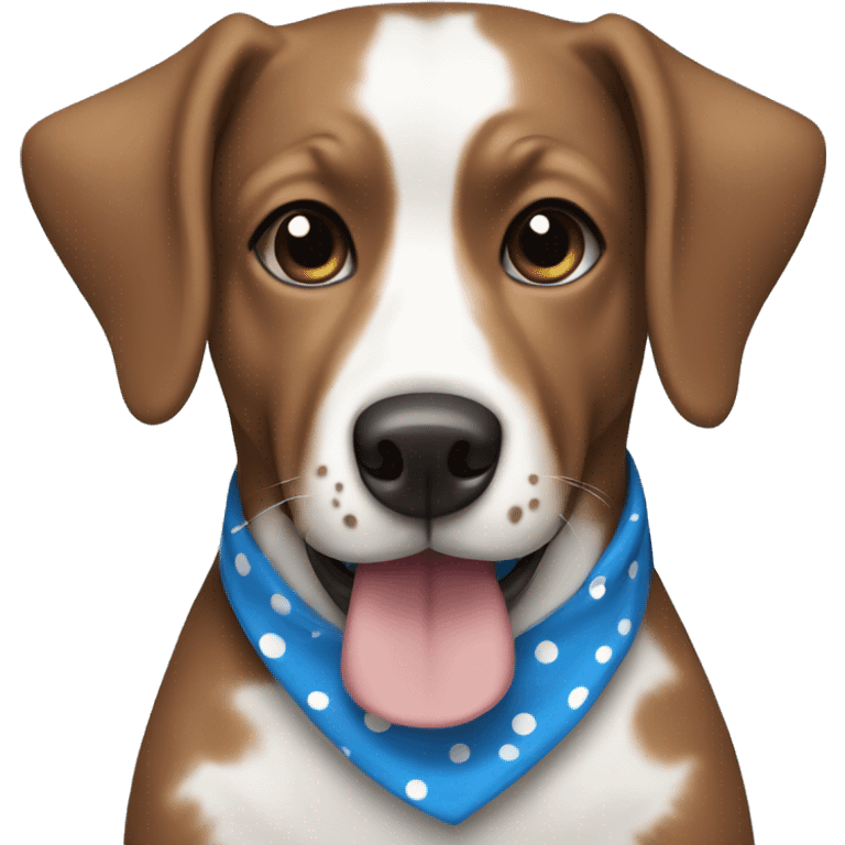 Brown and white dog wearing a blue polka dots bandana emoji