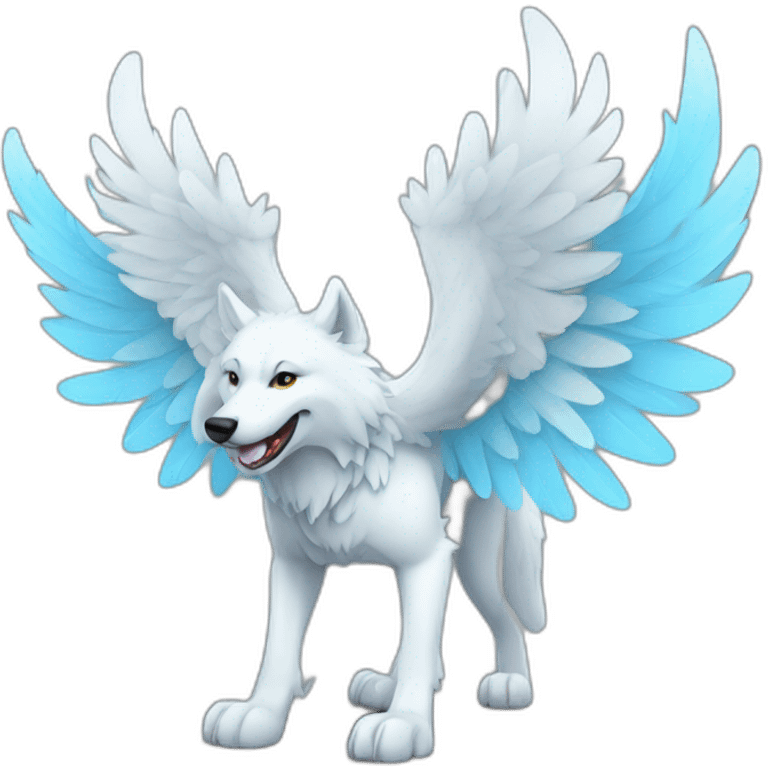 Whitelightblue wolf with wings showing Hi emoji