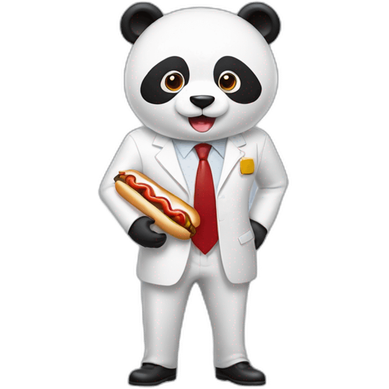 A professor with white suit and red tie and a panda face eating a hotdog and holding a black suitcase emoji