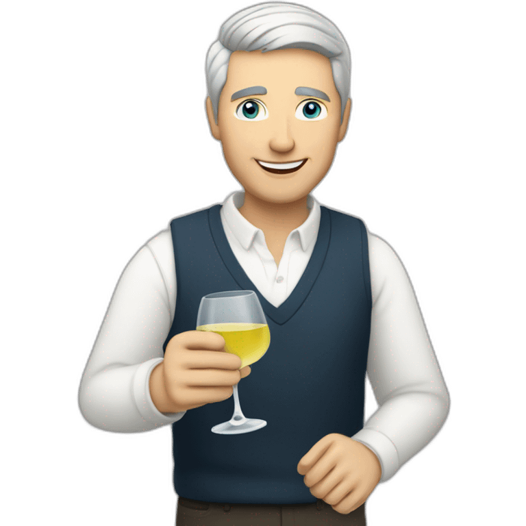 a caucasian man with blue eyes and short grey hair, toasting with a glass of white wine emoji