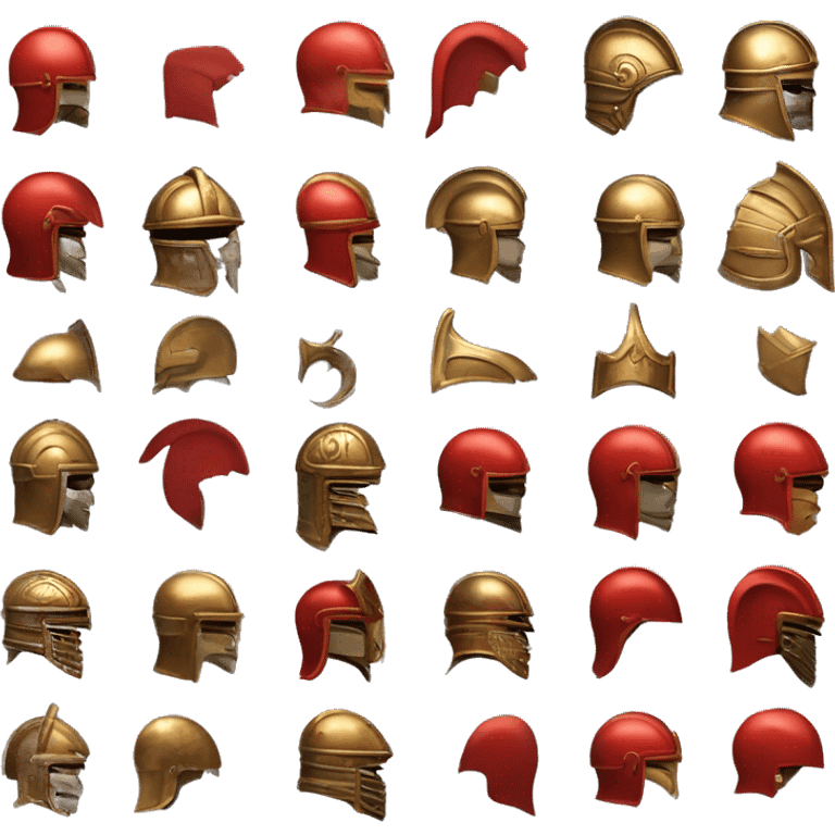 Um capacete de bronze com uma crista vermelha no topo, típico dos legionários romanos, com detalhes em dourado e protetores de orelhas curvos. emoji