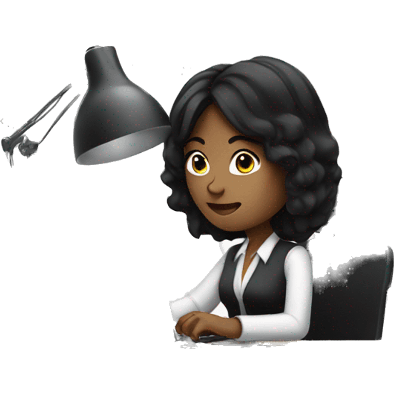 a woman with black hair working at a cool desk emoji