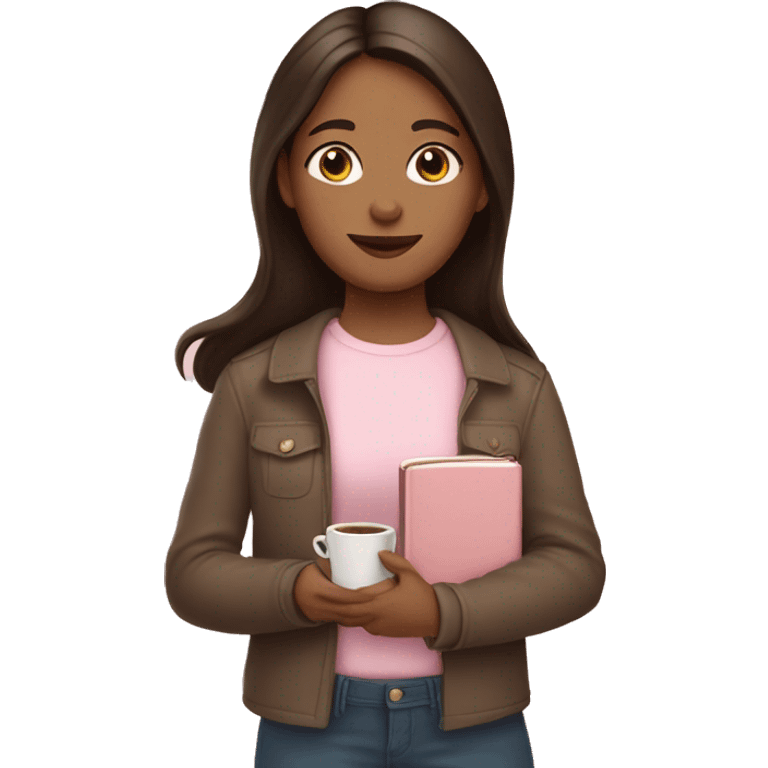 Brunette girl holding a light pink Bible in one hand and a coffee in the other hand emoji