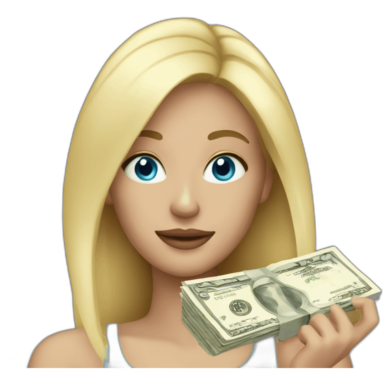 Woman with blonde hair blue eyes holding money emoji