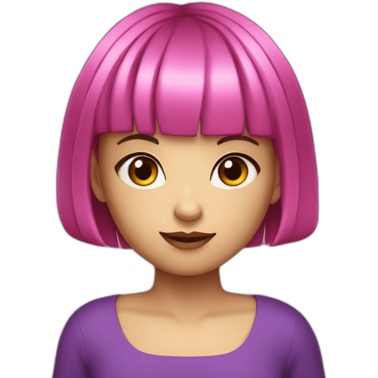 young girl with purple eyes, hot pink bob haircut with bangs, fair skin emoji