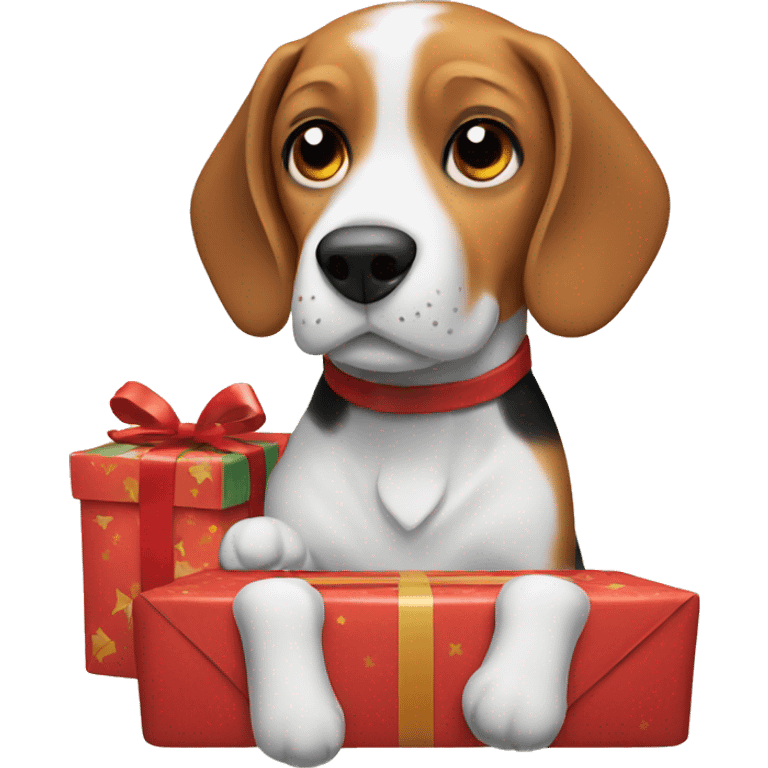 beagle opening a Christmas present emoji