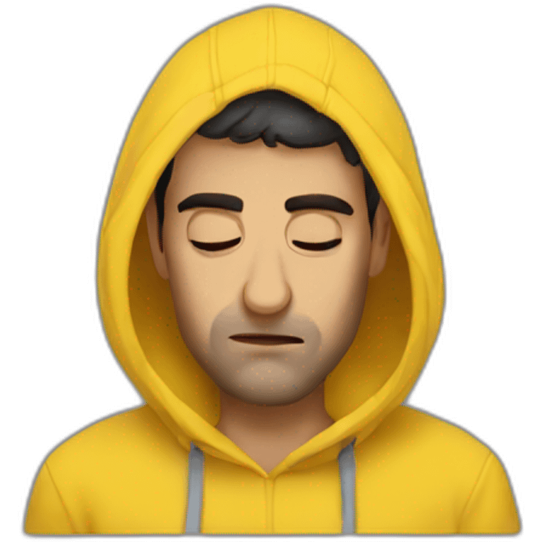 Armenian men in yellow hoodie holding his head. he has a headache emoji